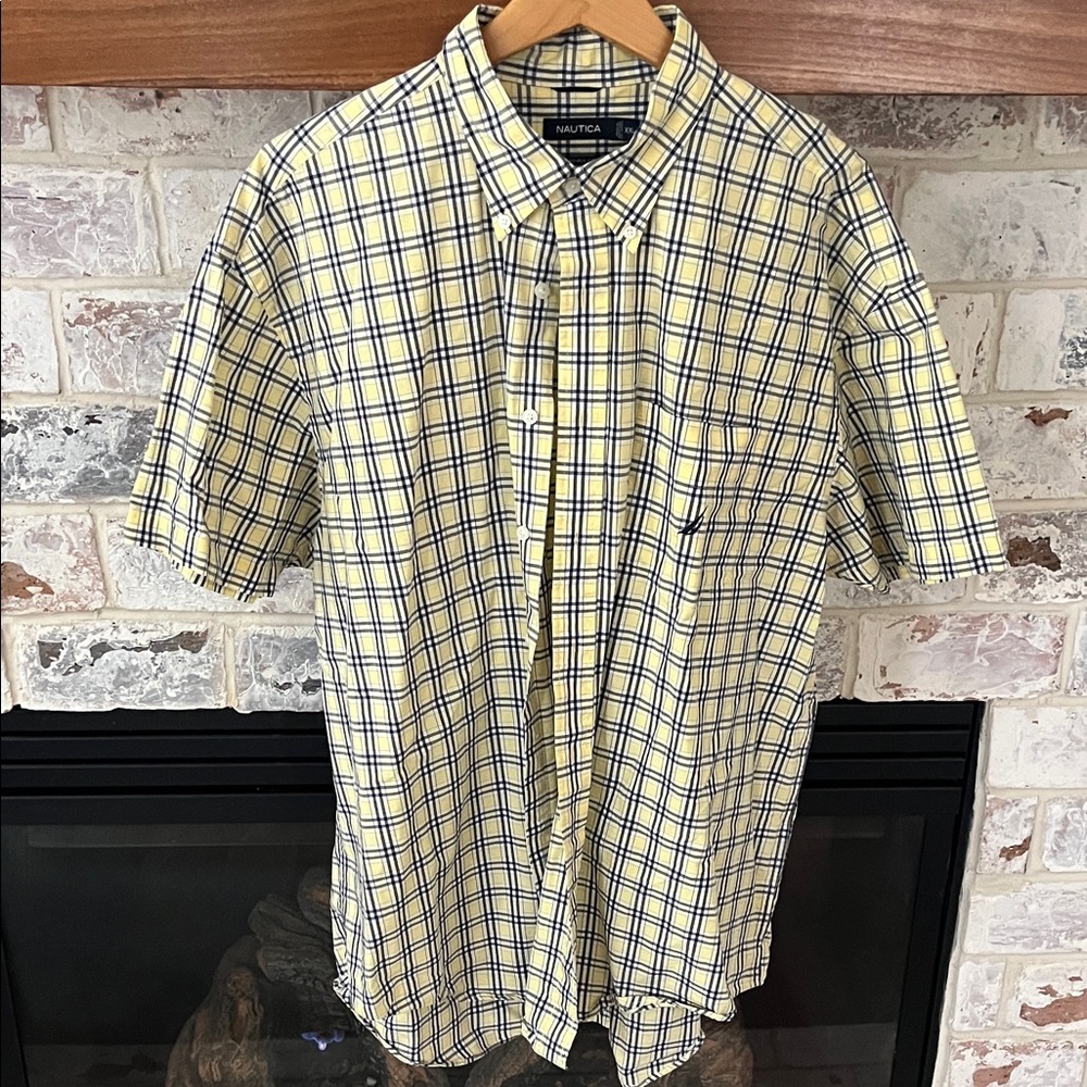 Nautica Men's Casual Yellow and Navy Checkered Shirt